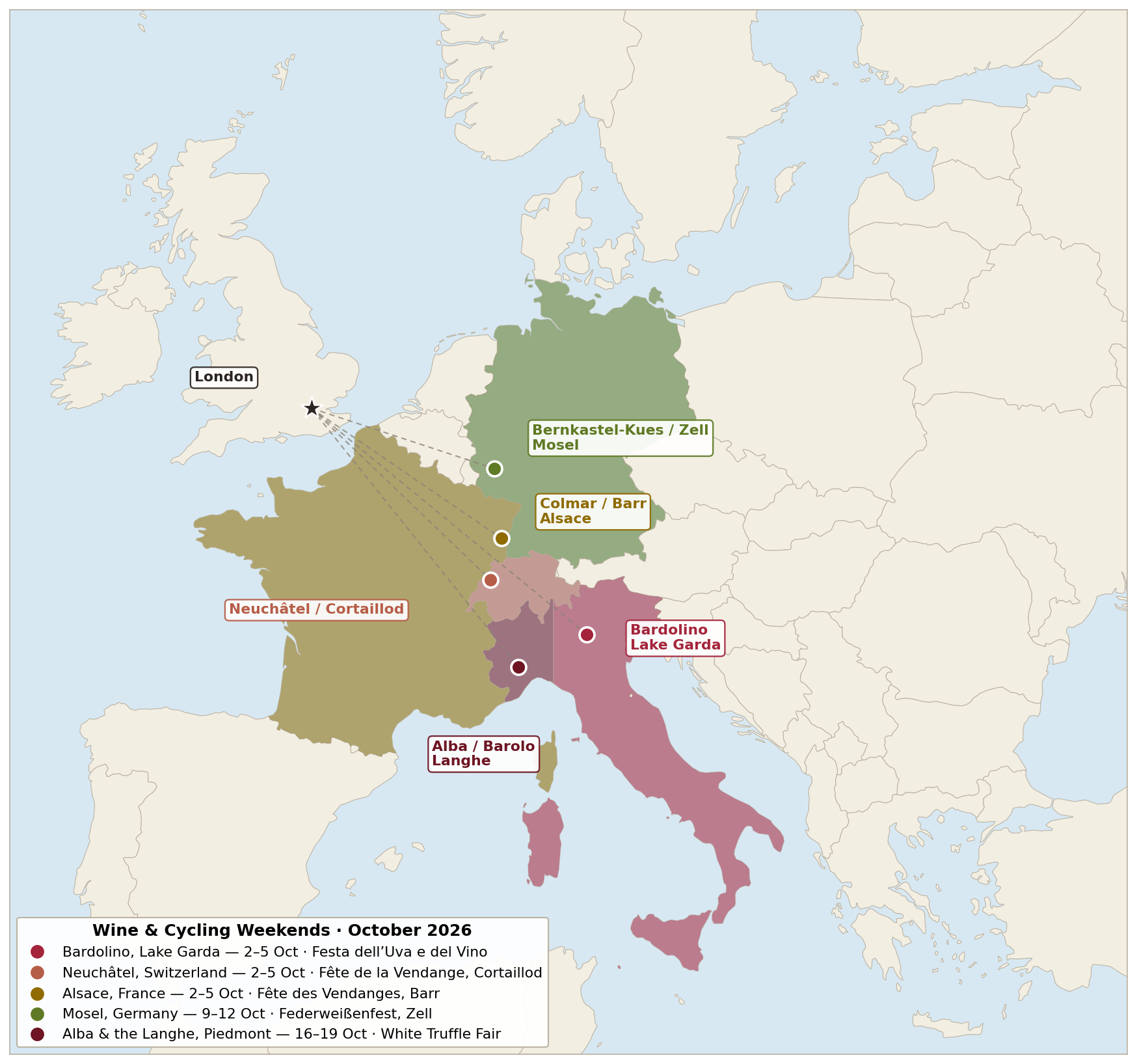 Map of Europe showing the five wine and cycling weekend destinations, each country shaded in the colour of its wines